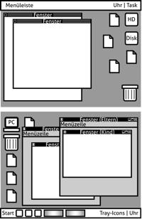 aus Buch „Der Apple-Faktor“: Schematischer Aufbau von Mac- und Windows-Desktop